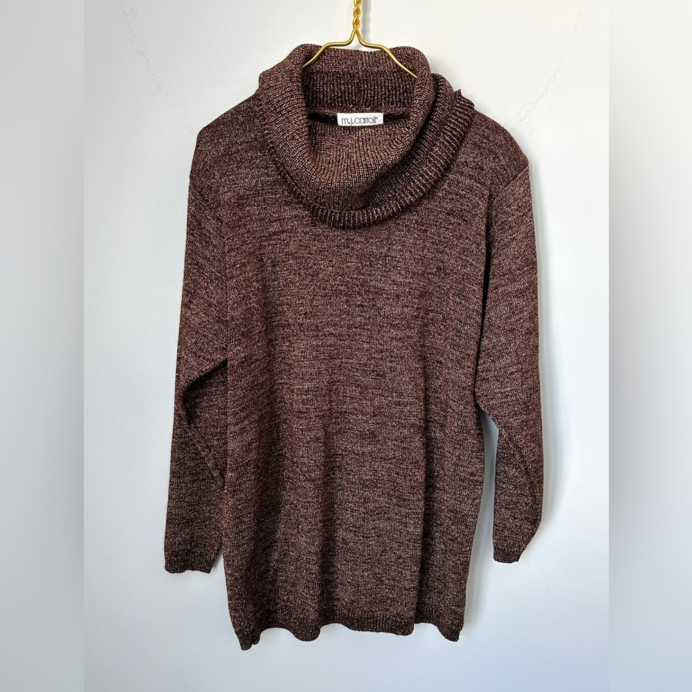 Vintage 80s MJ Carroll Brown Sparkle Metallic Knit Retro Cowl Neck Sweater Large